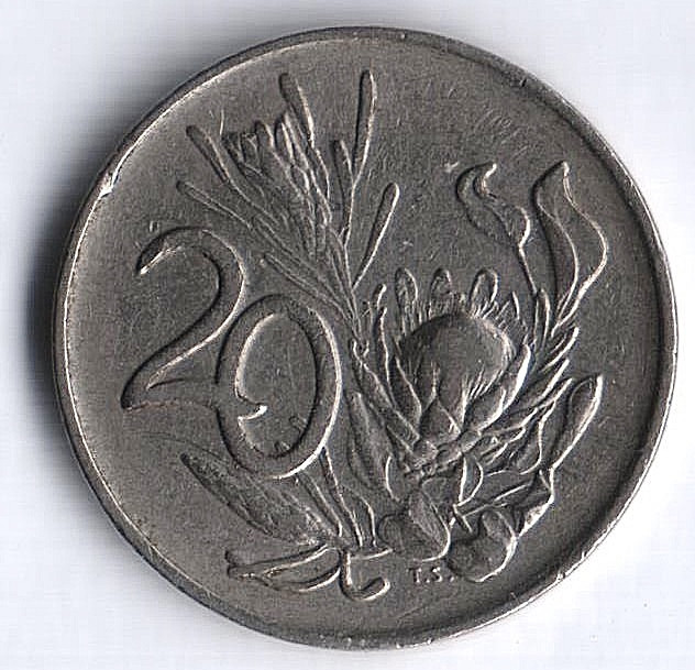 Монета 20 центов. 1972 год, ЮАР.