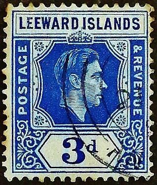 Почтовая марка (3 p.). "Король Георг VI". 1949 год, Британские Подветренные острова. Почтовая марка (3 p.). "Король Георг VI". 1949 год, Британские Подветренные острова.