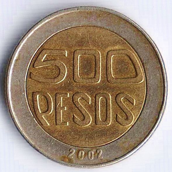 Монета 500 песо. 2002 год, Колумбия.