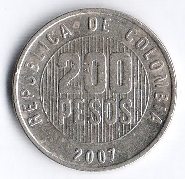 Монета 200 песо. 2007 год, Колумбия.