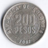 Монета 200 песо. 2007 год, Колумбия.