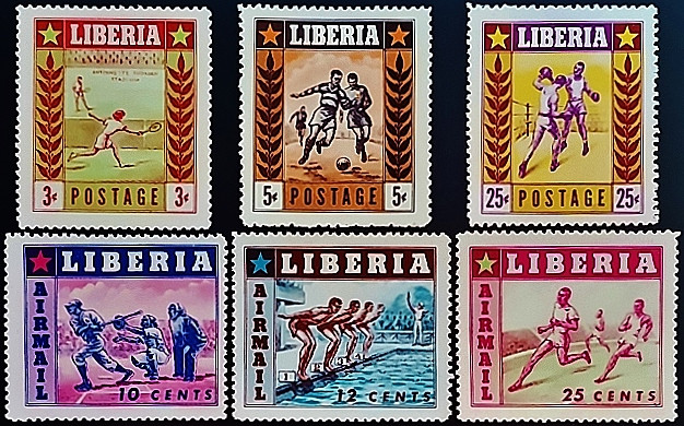 Набор марок (6 шт.). "Спорт". 1955 год, Либерия. Набор марок (6 шт.). "Спорт". 1955 год, Либерия.