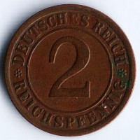 Монета 2 рейхспфеннига. 1924 год (J), Веймарская республика.