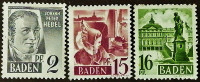Набор марок почтовых (3 шт.). "Личности и виды Бадена". 1947 год, Германия (Французская оккупация Бадена).