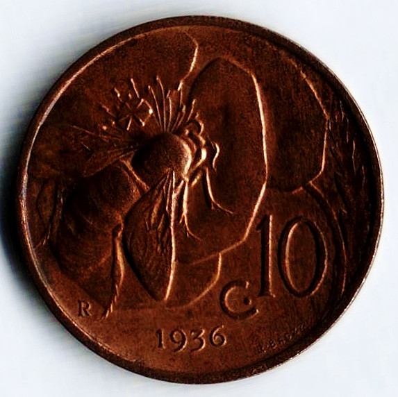 Монета 10 чентезимо. 1936 год, Италия.