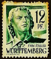 Почтовая марка (12 pf.). "Фридрих фон Шиллер". 1947 год, Германия (Французская оккупация Вюрттенберга).
