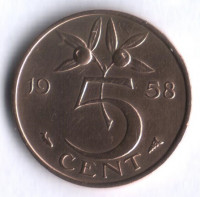 Монета 5 центов. 1958 год, Нидерланды.