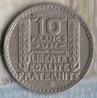Монета 10 франков. 1947(B) год, Франция. Малая голова, гибрид.