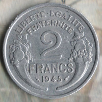 Монета 2 франка. 1945 год, Франция.