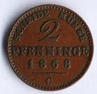 Монета 2 пфеннига. 1868(C) год, Пруссия.