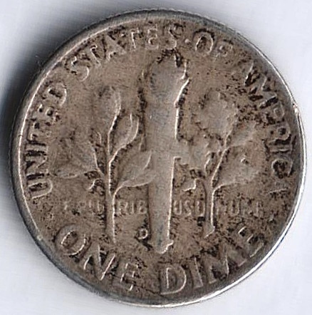 Монета 10 центов. 1953(D) год, США.
