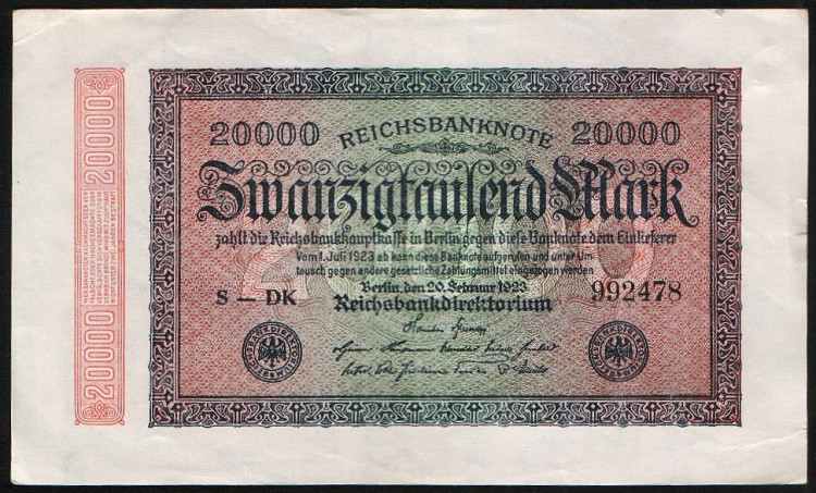 Бона 20000 марок. 1923 год "S", Веймарская республика.