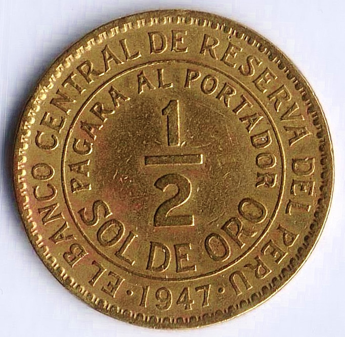 Монета 1/2 соля. 1947 год, Перу.