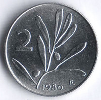 Монета 2 лиры. 1980 год, Италия.