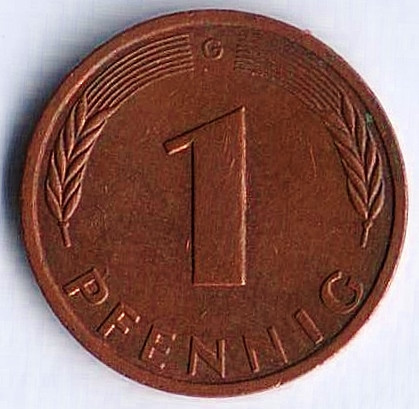 Монета 1 пфенниг. 1988(G) год, ФРГ.