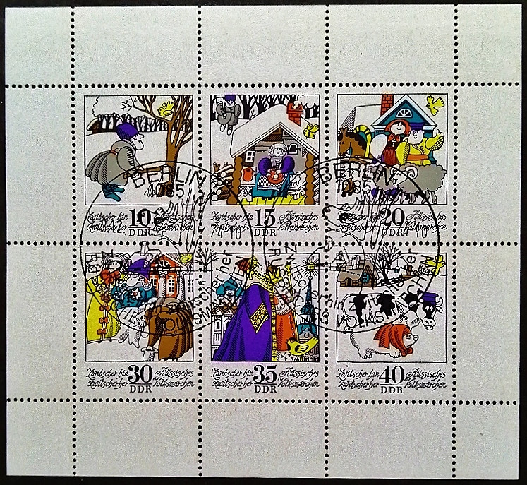 Блок почтовых марок (6 шт.). "Сказки: Весёлый воробей". 1974 год, ГДР.
