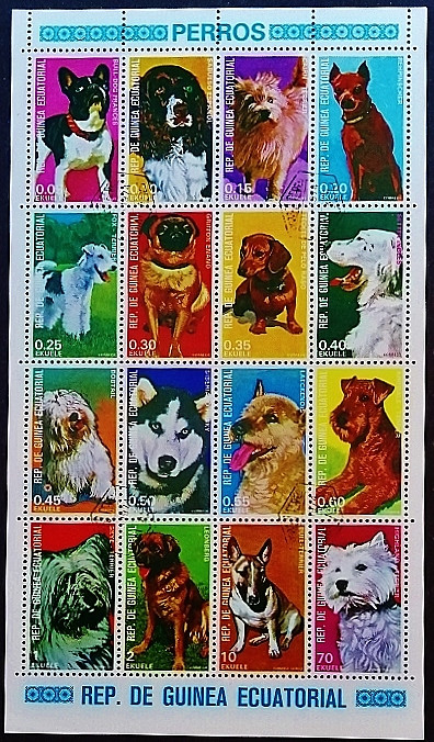 Блок почтовых марок (16 шт.). "Собаки". 1977 год, Экваториальная Гвинея.