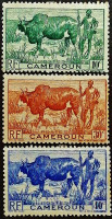 Набор марок (3 шт.). "Зебу с пастухом". 1946 год, Камерун.