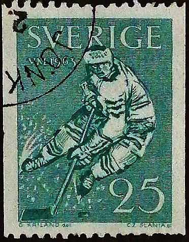 Почтовая марка (25 ö.). "Чемпионат мира по хоккею с шайбой". 1963 год, Швеция.