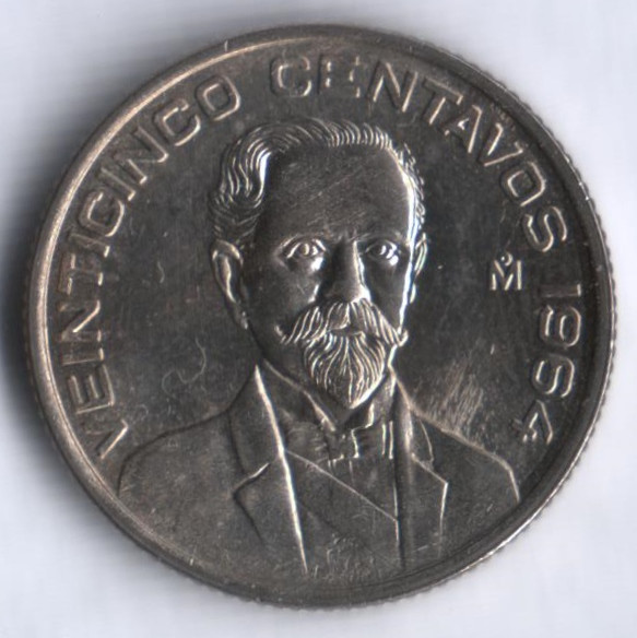 Монета 25 сентаво. 1964 год, Мексика. Франсиско Игнасио Мадеро.