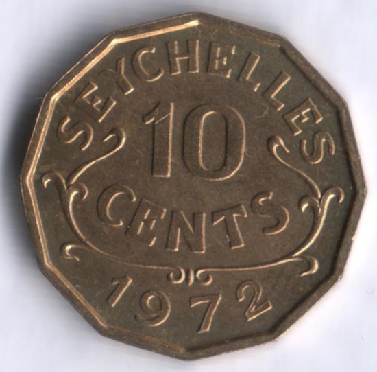 Монета 10 центов. 1972 год, Сейшельские острова.