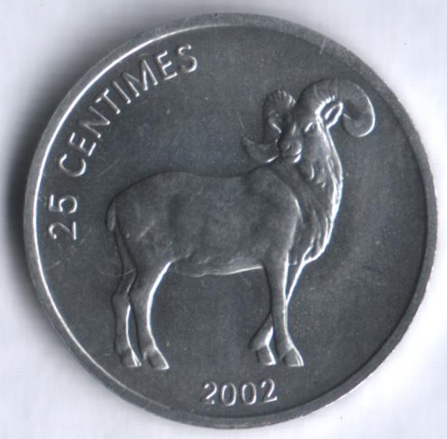 Монета 25 сантимов. 2002 год, Конго. Баран.
