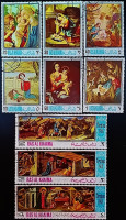 Набор марок (9 шт.) с блоком. "Рождество 1968 года - Картины". 1968 год, Рас эль-Хайма (ОАЭ).