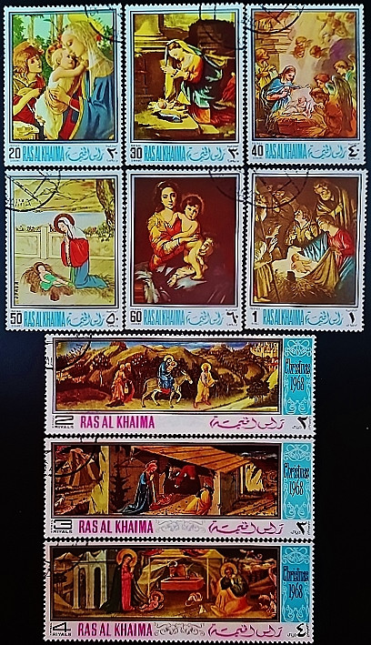 Набор марок (9 шт.) с блоком. "Рождество 1968 года - Картины". 1968 год, Рас эль-Хайма (ОАЭ). Набор марок (9 шт.) с блоком. "Рождество 1968 года - Картины". 1968 год, Рас эль-Хайма (ОАЭ).