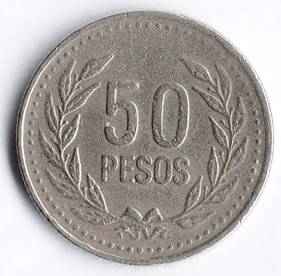 Монета 50 песо. 2003 год, Колумбия.