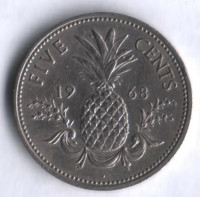 Монета 5 центов. 1968 год, Багамские острова.