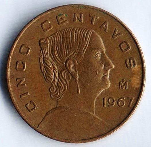 Монета 5 сентаво. 1967 год, Мексика. Жозефа Ортис де Домингес.