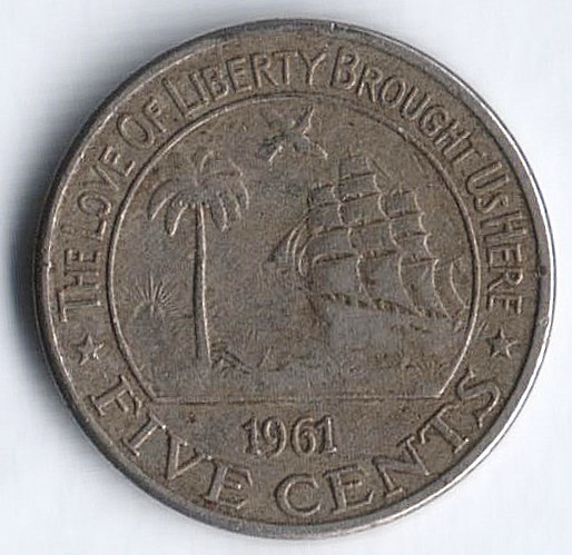 Монета 5 центов. 1961 год, Либерия.