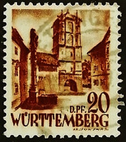 Почтовая марка (20 pf.). "Городские ворота Вангена". 1948 год, Германия (Французская оккупация Вюрттенберга).