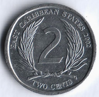 Монета 2 цента. 2002 год, Восточно-Карибские государства.