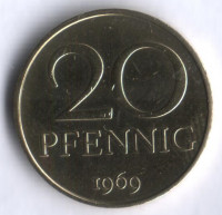 Монета 20 пфеннигов. 1969 год, ГДР.
