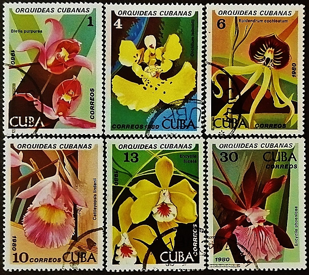 Набор почтовых марок (6 шт.). "Орхидеи". 1980 год, Куба.