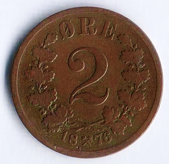 Монета 2 эре. 1876 год, Норвегия.