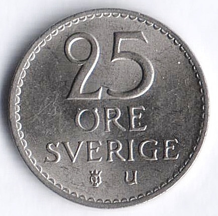 Монета 25 эре. 1967(U) год, Швеция.