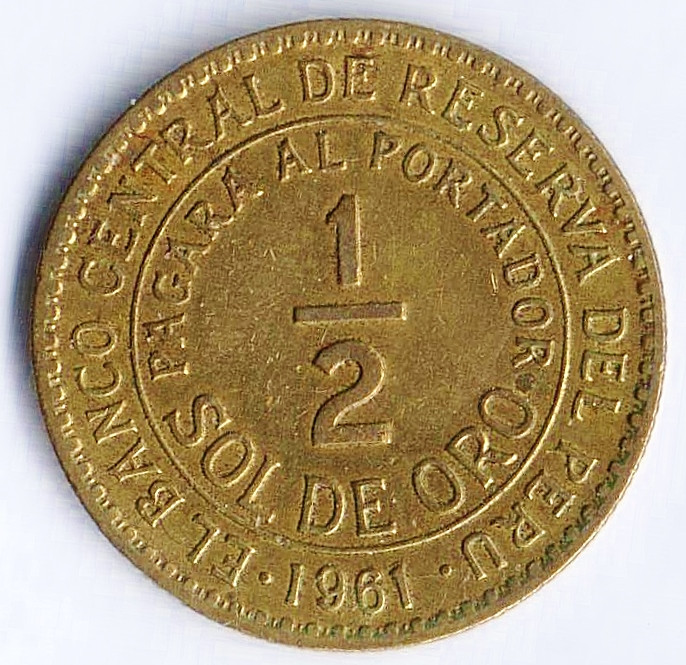 Монета 1/2 соля. 1961 год, Перу.