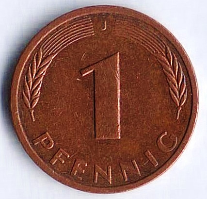 Монета 1 пфенниг. 1988(J) год, ФРГ.