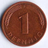 Монета 1 пфенниг. 1988(J) год, ФРГ.