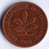 Монета 1 пфенниг. 1988(J) год, ФРГ.