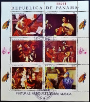Блок почтовых марок (6 шт.). "Музыкальные образы на картинах". 1968 год, Панама.