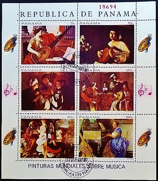 Блок почтовых марок (6 шт.). "Музыкальные образы на картинах". 1968 год, Панама.