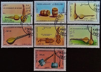 Набор почтовых марок (7 шт.). "Музыкальные инструменты". 1988 год, Афганистан.
