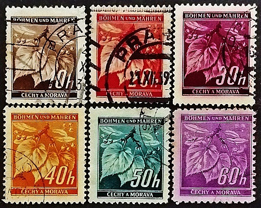 Набор почтовых марок (6 шт.). "Ветка липы". 1939-1942 годы, Богемия и Моравия.