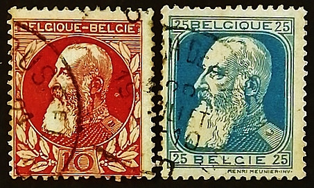 Набор почтовых марок (2 шт.). "Король Леопольд II. 75 лет независимости.". 1905-1911 годы, Бельгия.