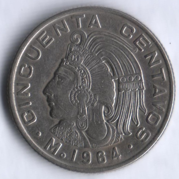 Монета 50 сентаво. 1964 год, Мексика. Куаутемок.
