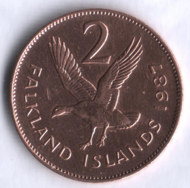 Монета 2 пенса. 1987 год, Фолклендские острова.