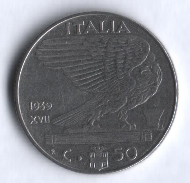 Монета 50 чентезимо. 1939(Yr.XVII) год, Италия. Немагнитная.